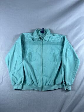 John Blair Jacket Mens L Teal Pintuck Full Zip Lightweight Guayabera Style Retro